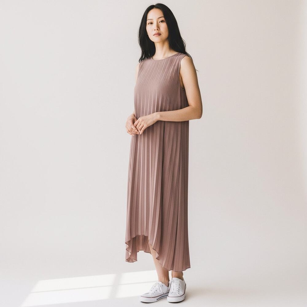 ELLIE MAKIR MIDI PLEATED DRESS MODEST HIGH-LOW HEM WOMEN SIZE LARGE - Picture 3 of 15